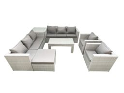 Fimous Outdoor Garden Furniture Rattan Sofa Set with 2 Armchairs Oblong Coffee Table Big Footstool Side Table Light Grey Mixed - thumbnail 1