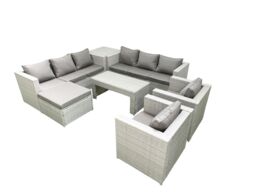 Fimous Outdoor Garden Furniture Rattan Sofa Set with 2 Armchairs Oblong Coffee Table Big Footstool Side Table Light Grey Mixed - thumbnail 2