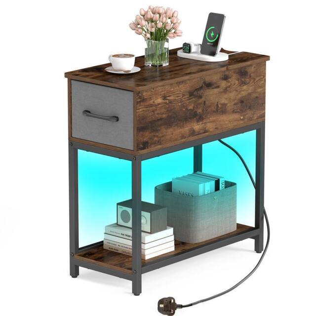 Costway Narrow Side Table w/ Charging Station Industrial End Table w/ Drawer in Brown - image 1