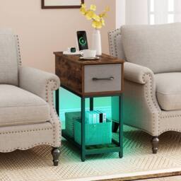 Costway Narrow Side Table w/ Charging Station Industrial End Table w/ Drawer in Brown - thumbnail 3