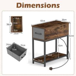 Costway Narrow Side Table w/ Charging Station Industrial End Table w/ Drawer in Brown - thumbnail 2