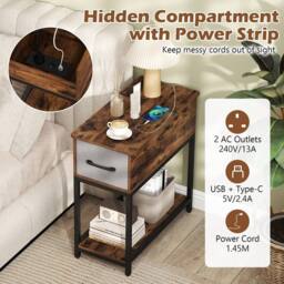 Costway Narrow Side Table w/ Charging Station Industrial End Table w/ Drawer in Brown - thumbnail 4