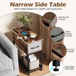 Costway Narrow Side Table w/ Charging Station Industrial End Table w/ Drawer in Brown - thumbnail 5