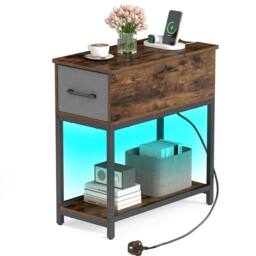 Costway Narrow Side Table w/ Charging Station Industrial End Table w/ Drawer in Brown - thumbnail 1