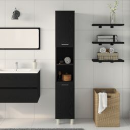 Berkfield Home Black Oak Bathroom Cabinet - 30x30x179 cm, Made of Engineered Wood - Size: 30 x 30 x 179 cm - thumbnail 4