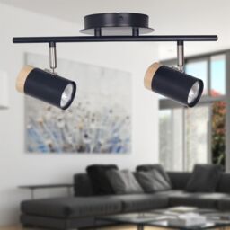 First Choice Lighting Stratton - Black with Wood Detail Two Way Spotlight - thumbnail 3