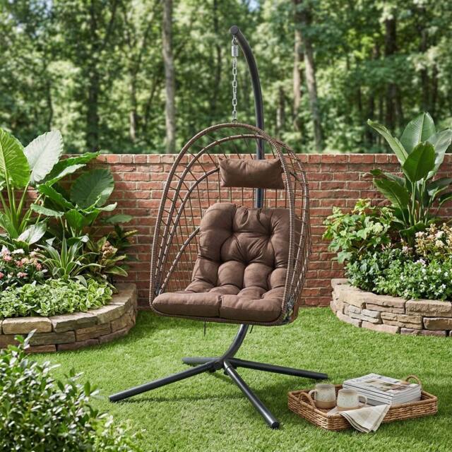 Living and Home Swing Hanging Egg Chair with Cushion and Headrest in Brown - image 1