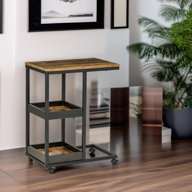 Pirlo Plush Industrial C Shaped Side Table 3-Tier With Wheels in Brown - image 1