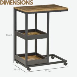 Pirlo Plush Industrial C Shaped Side Table 3-Tier With Wheels in Brown - thumbnail 6