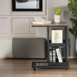 Pirlo Plush Industrial C Shaped Side Table 3-Tier With Wheels in Brown - thumbnail 5