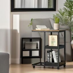 Pirlo Plush Industrial C Shaped Side Table 3-Tier With Wheels in Brown - thumbnail 3