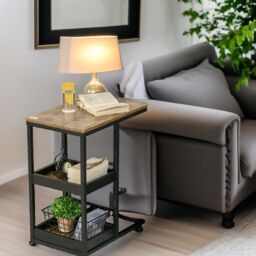 Pirlo Plush Industrial C Shaped Side Table 3-Tier With Wheels in Brown - thumbnail 2