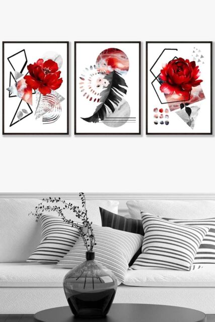 ARTZE Set of 3 Black Framed Abstract Red & Black Botanical Wall Art - Size: W33 cm x H45 cm x D20mm - image 1