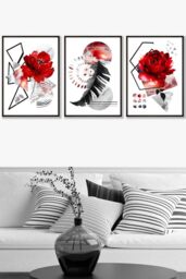 ARTZE Set of 3 Black Framed Abstract Red & Black Botanical Wall Art - Size: W33 cm x H45 cm x D20mm - thumbnail 1
