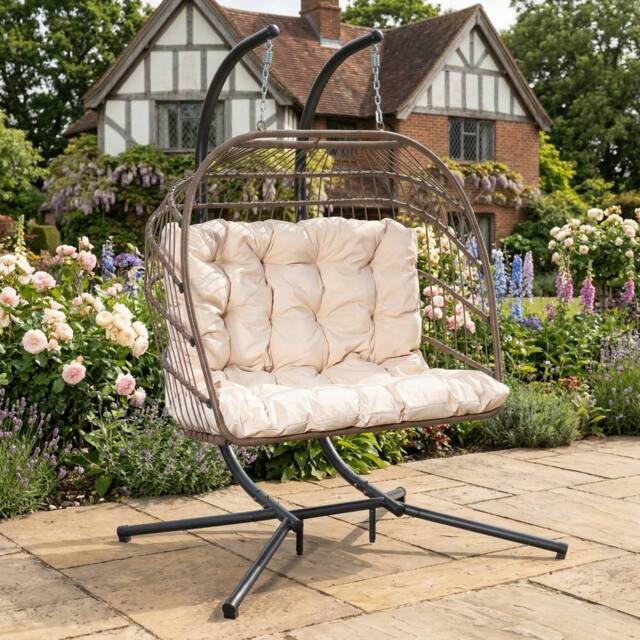 Rosewood & Stone Home Ightham - Double Egg Chair in Cream on Brown - Size: 2 Seater - image 1