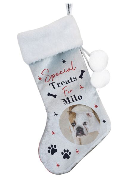 Personalised Memento Company Personalised Photo Upload Dog Christmas Stocking in Grey - image 1