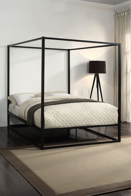 SlumberWorx Ashwell Modern Four 4 Poster Metal Bed Frame in Black - Size: Small Double - image 1