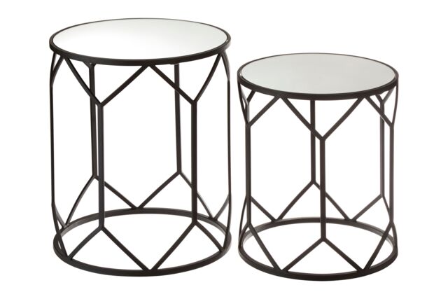 Orsina Set of 2 Black Polygonal Side Tables, Geometric Small Tables With Mirrored Glass Tops, Luxe Black Round Table - image 1
