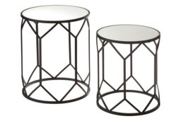 Orsina Set of 2 Black Polygonal Side Tables, Geometric Small Tables With Mirrored Glass Tops, Luxe Black Round Table - thumbnail 2