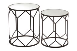 Orsina Set of 2 Black Polygonal Side Tables, Geometric Small Tables With Mirrored Glass Tops, Luxe Black Round Table