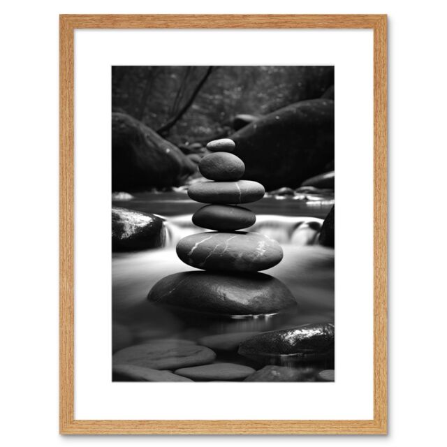 "Artery8 Wall Art Print Zen Stacking Stones in River Black & White Photo Artwork Framed 9X7 Inch in Beige - Size: W7"" x H9""" - image 1