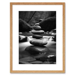 "Artery8 Wall Art Print Zen Stacking Stones in River Black & White Photo Artwork Framed 9X7 Inch in Beige - Size: W7"" x H9""" - thumbnail 1