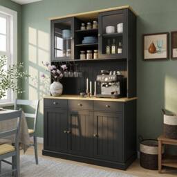 Merax Welsh Dresser Kitchen Cabinet with Charging Station & Glass Holder in Black - thumbnail 3