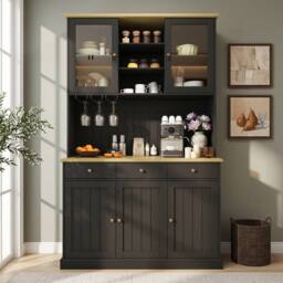 Merax Welsh Dresser Kitchen Cabinet with Charging Station & Glass Holder in Black - thumbnail 2