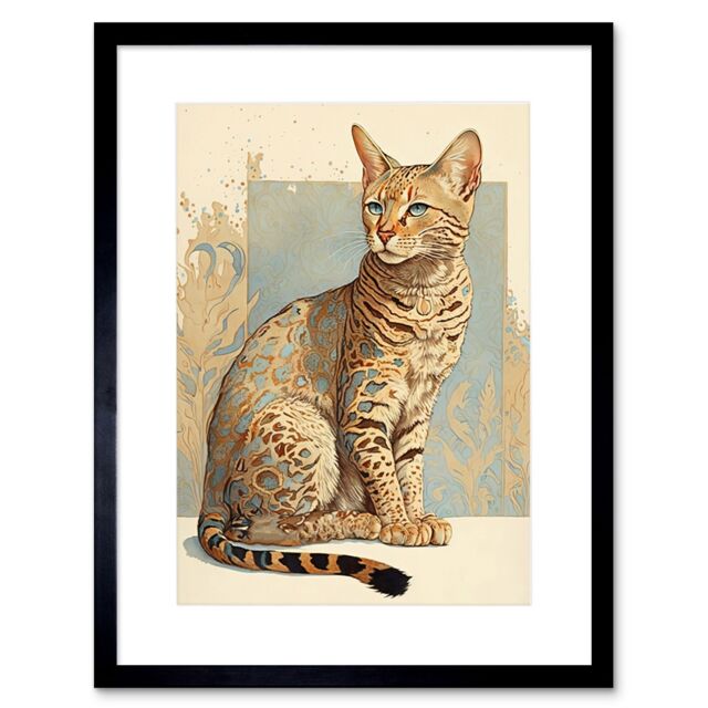 "Artery8 Wall Art Print Ocicat Cat with Turquoise Rosette Pattern Fur Modern Watercolour Artwork Framed 9X7 Inch in Black - Size: W7"" x H9""" - image 1