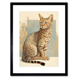 "Artery8 Wall Art Print Ocicat Cat with Turquoise Rosette Pattern Fur Modern Watercolour Artwork Framed 9X7 Inch in Black - Size: W7"" x H9""" - thumbnail 1