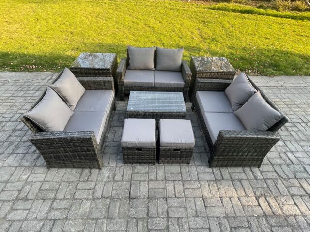 Fimous 8pc Rattan Sofa Garden Furniture Outdoor Patio Set with 2 Side Tables 2 Small Footstools Love Seat Sofa Dark Grey - image 1