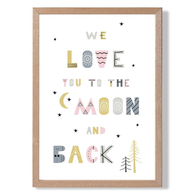 ARTZE Cute Love you to the Moon Pink Scandi Quote Framed Print SIZE: A3 with Oak Frame - Size: A2 - image 1