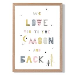 ARTZE Cute Love you to the Moon Pink Scandi Quote Framed Print SIZE: A3 with Oak Frame - Size: A2