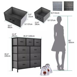VOGREX Fabric Chest of Drawers 9 Drawer Dresser Bedroom Bedside Organizer in Dark Grey - thumbnail 2