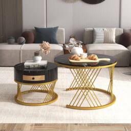 BTM 2-in-1 Round Coffee Table, MDF with Marble Veneer, Rattan Drawers - thumbnail 5