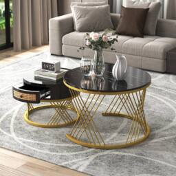 BTM 2-in-1 Round Coffee Table, MDF with Marble Veneer, Rattan Drawers