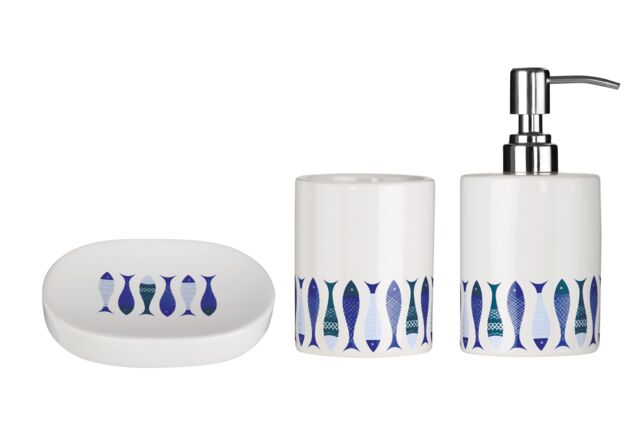 Orsina Modern White & Blue 3 Piece Bathroom Set, Dolomite Accessories Set With Dispenser, Rinse Cup, & Soap Holder - image 1