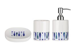 Orsina Modern White & Blue 3 Piece Bathroom Set, Dolomite Accessories Set With Dispenser, Rinse Cup, & Soap Holder