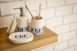 Orsina Modern White & Blue 3 Piece Bathroom Set, Dolomite Accessories Set With Dispenser, Rinse Cup, & Soap Holder - thumbnail 5