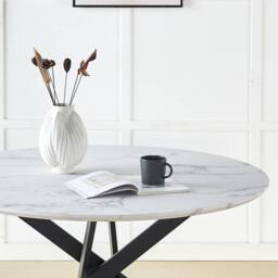 HomeTouch 120cm Modern White Marble Effect Round Dining Table with Black Metal Legs - Size: 1 Pack - thumbnail 6