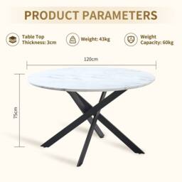 HomeTouch 120cm Modern White Marble Effect Round Dining Table with Black Metal Legs - Size: 1 Pack - thumbnail 7