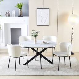 HomeTouch 120cm Modern White Marble Effect Round Dining Table with Black Metal Legs - Size: 1 Pack - thumbnail 2