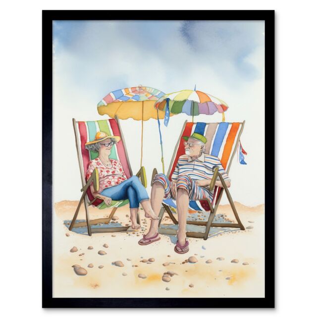 "Artery8 Wall Art Print Elderly Couple Enjoying A Summer Beach Day Watercolour Art Framed in Black - Size: W12"" x H16""" - image 1