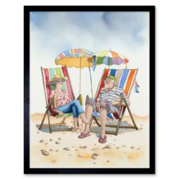 "Artery8 Wall Art Print Elderly Couple Enjoying A Summer Beach Day Watercolour Art Framed in Black - Size: W12"" x H16""" - thumbnail 1
