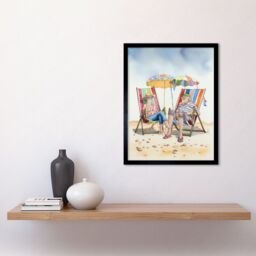 "Artery8 Wall Art Print Elderly Couple Enjoying A Summer Beach Day Watercolour Art Framed in Black - Size: W12"" x H16""" - thumbnail 2