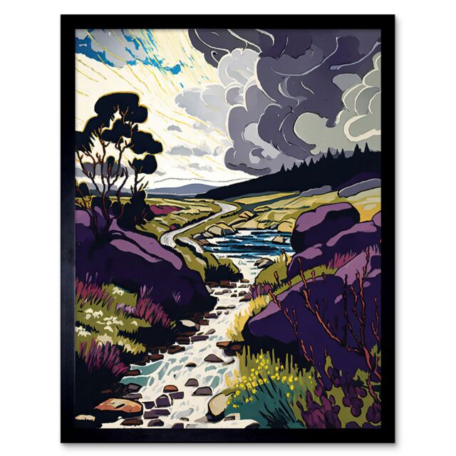 "Artery8 Wall Art Print Stormy Clouds over Stream Wild Scottish Landscape Art Framed in Black - Size: W12"" x H16""" - image 1
