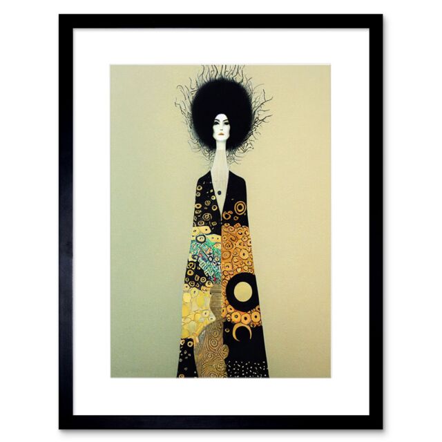 "Artery8 Wall Art Print Portrait of Beautiful Woman Gustav Klimt Style Dress Artwork Framed 9X7 Inch in Black - Size: W7"" x H9""" - image 1
