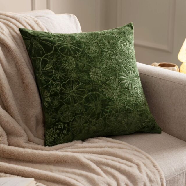 Furn Picking Patch Embroidered Velvet Cushion in Green - Size: 45 cm x 45 cm - image 1
