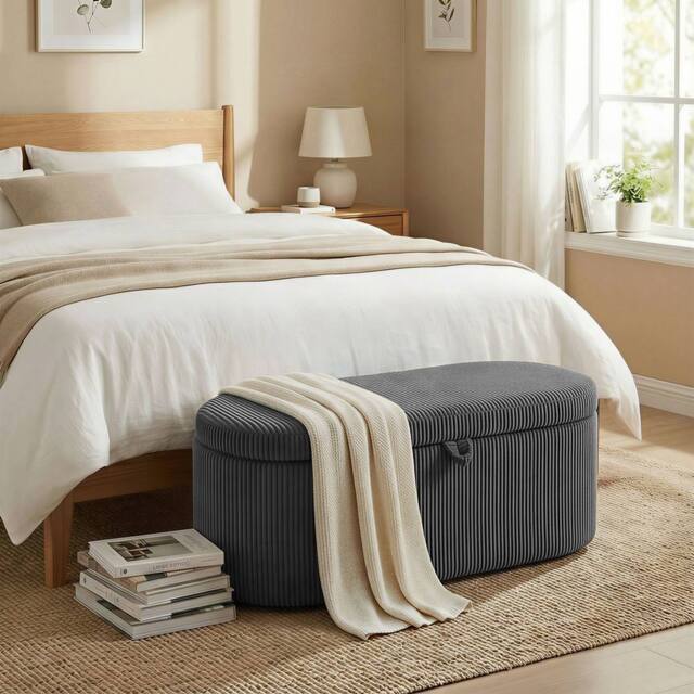 HOMCOM Storage Ottoman, Corduroy Ottoman Storage Box with Padded Seat in Dark Grey - image 1