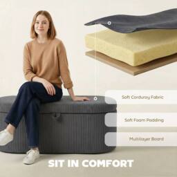 HOMCOM Storage Ottoman, Corduroy Ottoman Storage Box with Padded Seat in Dark Grey - thumbnail 6